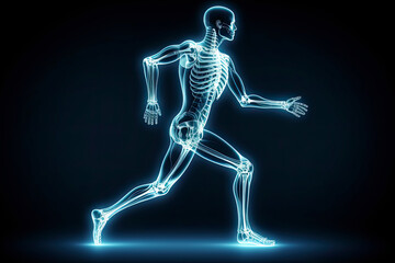 concept of orthopedic medical technology, graphic of a man running with skeleton x-ray scan.AI Generative - obrazy, fototapety, plakaty