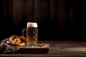 A glass of beer with pretzels on a wooden table