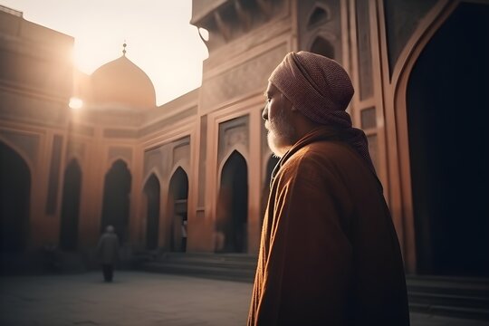 A muslim man looks out of mosque