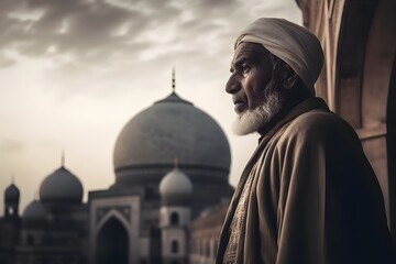 A muslim man looks out of mosque