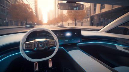 Smart car in action. The Heads - up Display( HUD) projects vital information onto the windshield, allowing the driver to stay informed while keeping their eyes on the road, Generative AI