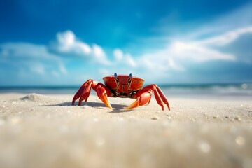 A red crab on a beach with the blue sky in the background - obrazy, fototapety, plakaty