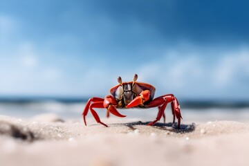 Fototapeta na wymiar A red crab on a beach with the blue sky in the background. Generative AI