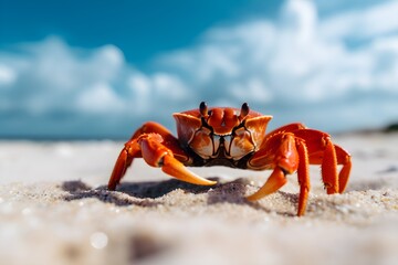 A red crab on a beach with the blue sky in the background. Generative AI