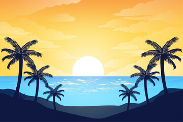 Fototapeta na wymiar Colorful palm silhouettes beach landscape