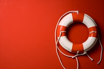 A red lifebuoy on red background with copyspace - obrazy, fototapety, plakaty