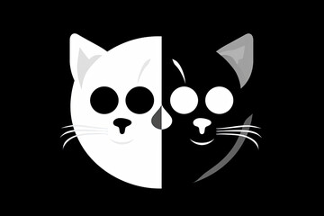 Cat and dog yin yang symbol. Simple, minimal cartoon white dog and black cat face.AI Generative