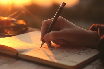 Hands writing pencil sunset. Generate Ai - obrazy, fototapety, plakaty