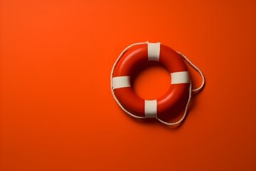 A red lifebuoy on red background with copyspace - obrazy, fototapety, plakaty