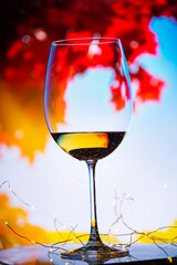 A glass of wine on a background of colorful leaves of autumn trees. Harvest season.