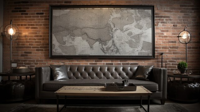 Interior design of Living Room in Industrial style with Exposed brick wall decorated with Leather sofa, metal coffee table material. Industrial architecture. Generative AI AIG24.