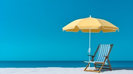 Beach chair and umbrella on blue background