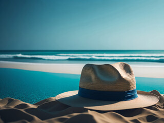 Fototapeta na wymiar Straw hat on the beach with blue sea and sky background. AI generated.