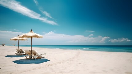 Fototapeta na wymiar Beach chairs and umbrellas on a tropical beach