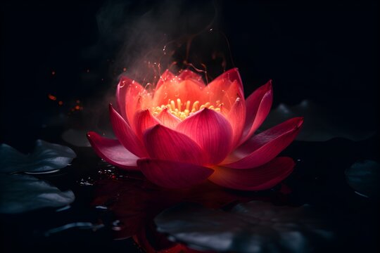 Beautiful lotus flower in water with smoke on black background