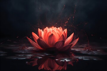 Beautiful lotus flower in water with smoke on black background - obrazy, fototapety, plakaty