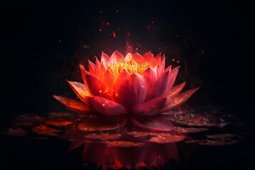 Beautiful lotus flower in water with smoke on black background