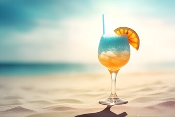 Blue Curacao cocktail on the beach with blue sky and sea background. Generative AI - obrazy, fototapety, plakaty