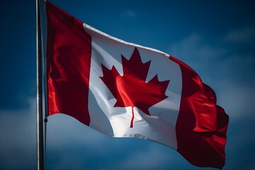 Canada flag waving in the wind against a blue sky with clouds. Generative AI