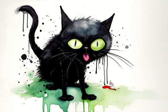 Fluffy black cat drawing, cute black cat.AI Generative