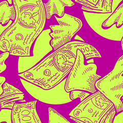 Money seamless pattern background for print design. Hundred dollars banknotes, a lot of cash for finance. economy, business theme for success. Hand drawn line illustration, cartoon style drawing.