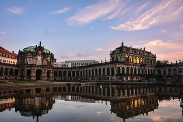 Fototapeta na wymiar Reflections of Baroque Buildings in Dresden's Zwinger, Germany