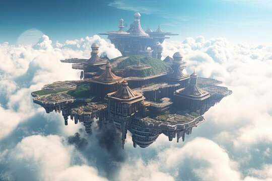 Flying passenger train. Futuristic sci fi city in clouds. Utopia. concept of the future.AI Generative