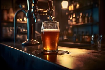 glass of beer on the bar counter in a pub - obrazy, fototapety, plakaty