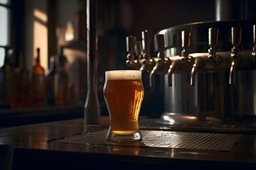 glass of beer on the bar counter in a pub - obrazy, fototapety, plakaty