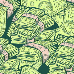 Obraz premium Money seamless pattern background for print design. Hundred dollars banknotes, a lot of cash for finance. economy, business theme for success. Hand drawn line illustration, cartoon style drawing.
