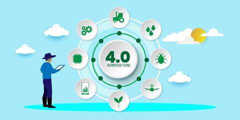 agriculture 4.0, Internet of Thing IoT and modern agricultural technology Concept With icons. Cartoon Vector People Illustration