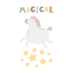 magical. Cartoon unicorn, hand drawing lettering, decor elements. Colorful vector illustration for kids, flat style. baby design for card, print, poster, cover.	
