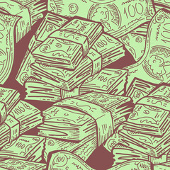 Obraz premium Money seamless pattern background for print design. Hundred dollars banknotes, a lot of cash for finance. economy, business theme for success. Hand drawn line illustration, cartoon style drawing.