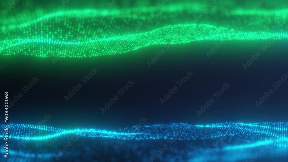 Poster technology connection of green and blue glowing particles digital big data concept. blockchain, high
