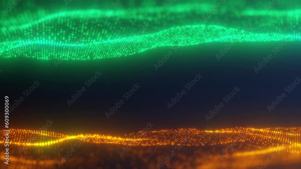 Fototapete Abstract of digital data flow on green and yellow wave background. Transferring of big data and storage of data sets.  Seamless loop 3d animation technology color data waves.