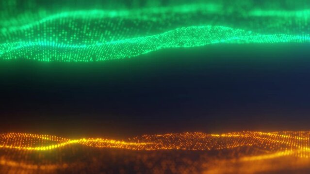 Abstract of digital data flow on green and yellow wave background. Transferring of big data and storage of data sets.  Seamless loop 3d animation technology color data waves.