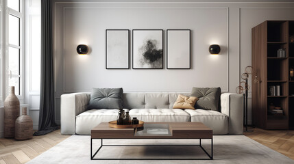  the beauty of a modern living room, featuring a sleek sofa as the epitome of contemporary design, Generative AI
