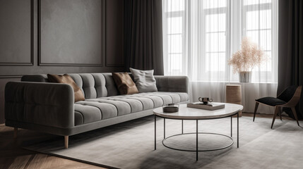 minimalistic beauty of a modern living room, featuring a sleek sofa as the epitome of contemporary design, Generative AI