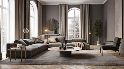 Fototapeta na wymiar modern minimalistic beauty of a modern living room, featuring a sleek sofa as the epitome of contemporary design, Generative AI
