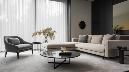 minimalistic beauty of a modern living room, featuring a sleek sofa as the epitome of contemporary design, Generative AI