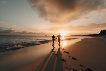 Fototapeta na wymiar Couple holding hands at sunset. 