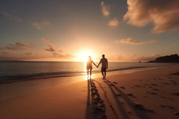 Fototapeta na wymiar happy romantic couple holding hands at sunset. couple walking on the beach. Generative AI