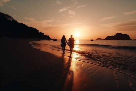 Young romantic dressed up couple walking down island beach towards the sunset. 