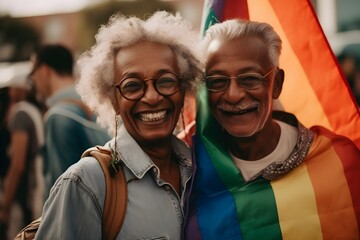 Portrait of smiling senior couple with rainbow flags on the street