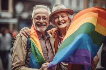 Portrait of smiling senior couple with rainbow flags on the street