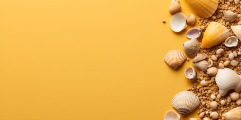 Sea shells on a orange background with copyspace