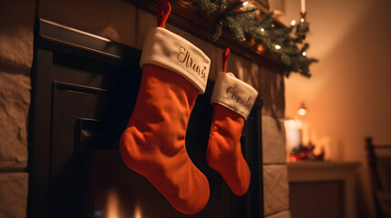 A close-up of a Christmas stocking hanging on a mantel wi one generative AI