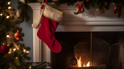 A close-up of a Christmas stocking hanging on a mantel wi two generative AI