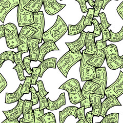 Money seamless pattern background for print design. Hundred dollars banknotes, a lot of cash for finance. economy, business theme for success. Hand drawn line illustration, cartoon style drawing.