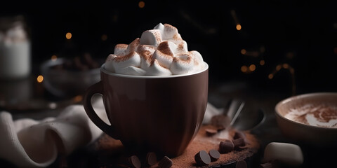 A close-up of a cup of hot cocoa with marshmallows and wh two generative AI